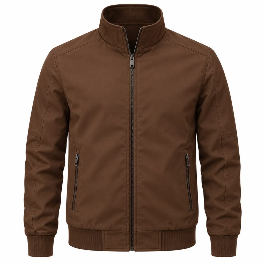 Men’s brown bomber jacket front and side view