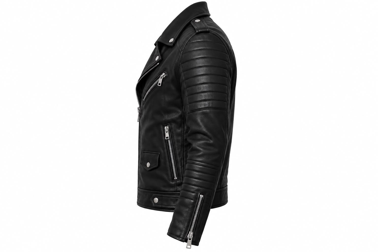 Black leather biker jacket side pose