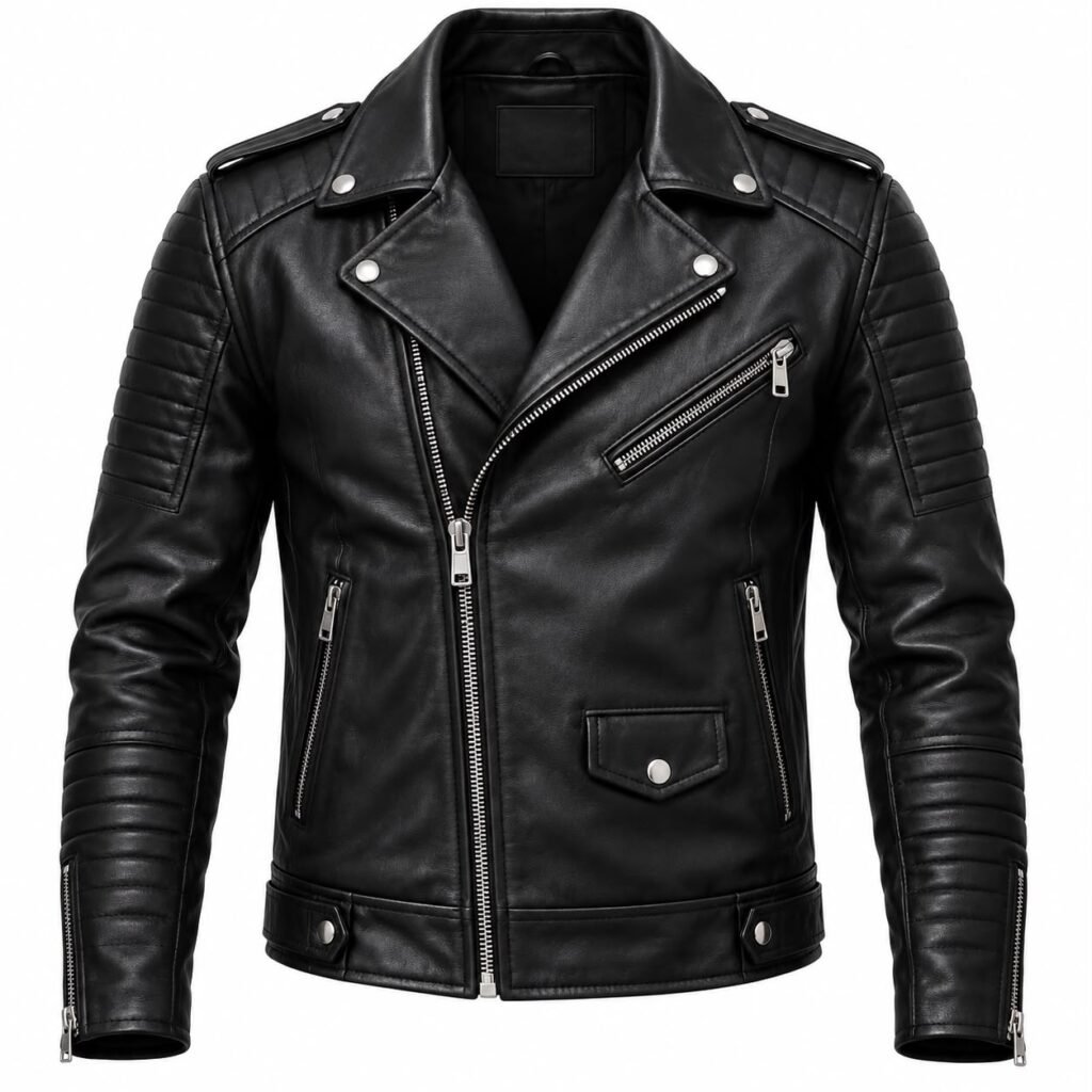 Black leather biker jacket side pose
