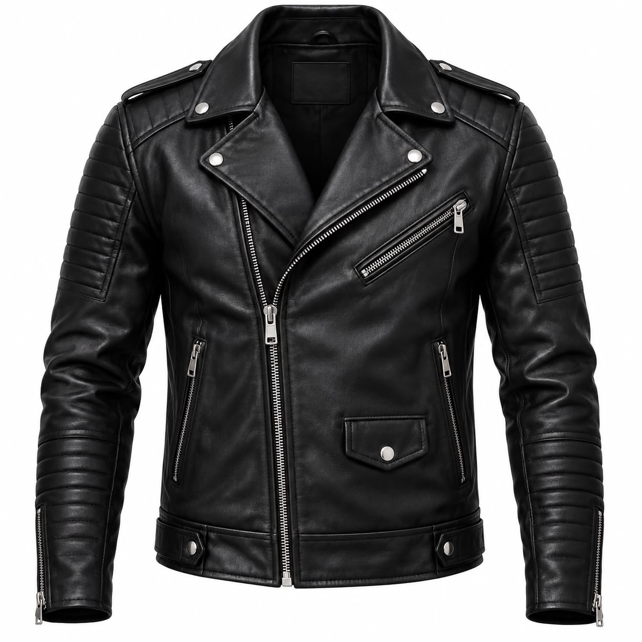 Black leather biker jacket side pose