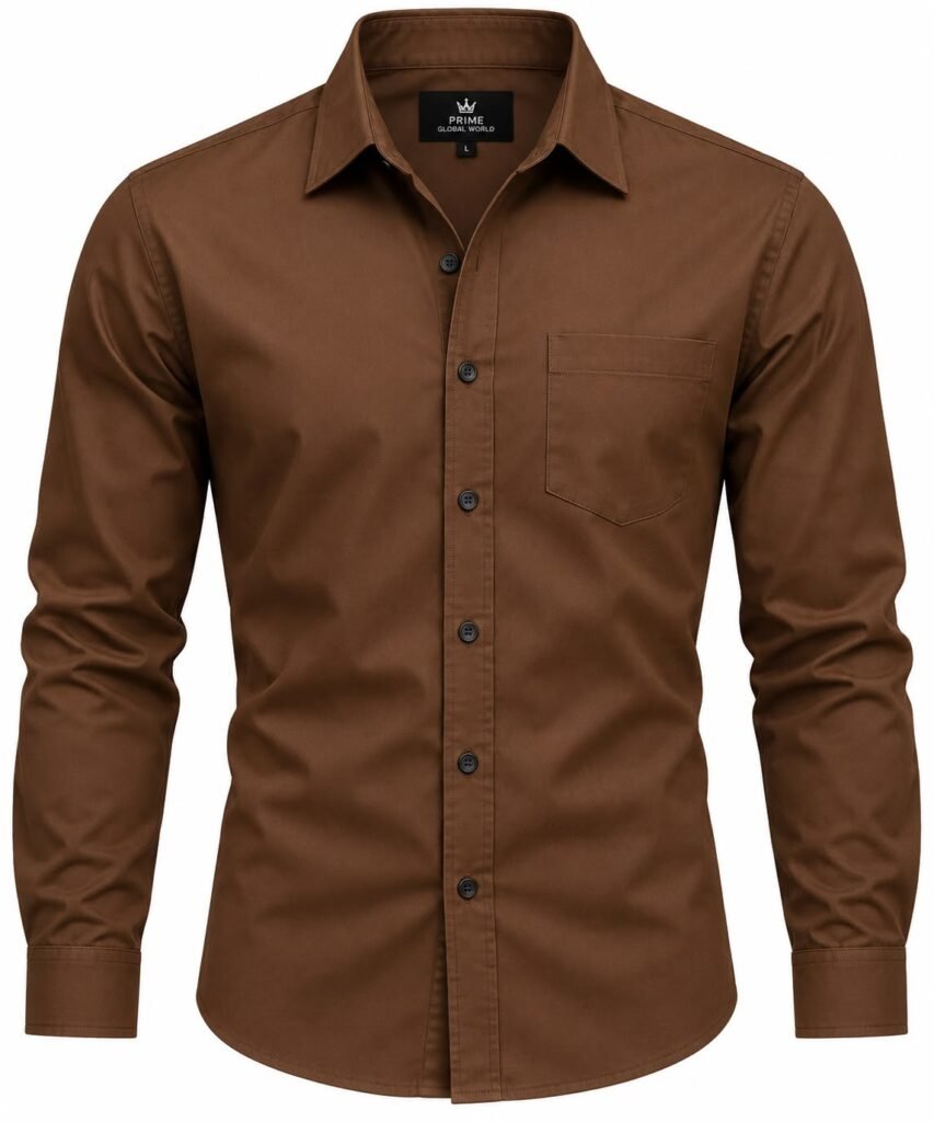 Men’s Brown Button-Up Shirt – Stylish Long Sleeve Casual Shirt